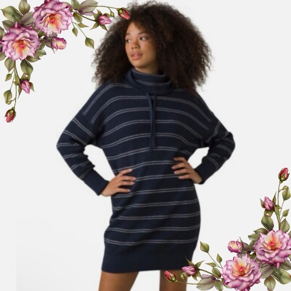 Womens Size M Prana Milani Henley Striped Sweater Dress Navy - Picture 1 of 13